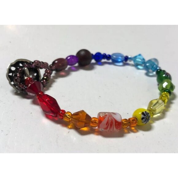Rainbow Bracelet Artisan Colorful Beads Round Toggle Clasp 7" Original OOAK - Picture 6 of 9